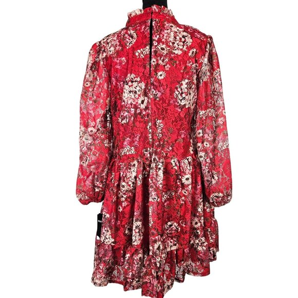 Maison Tara Womens Size 10 Red Floral Long Sheer Sleeve Tiered Ruffle Mini Dress - Picture 5 of 12